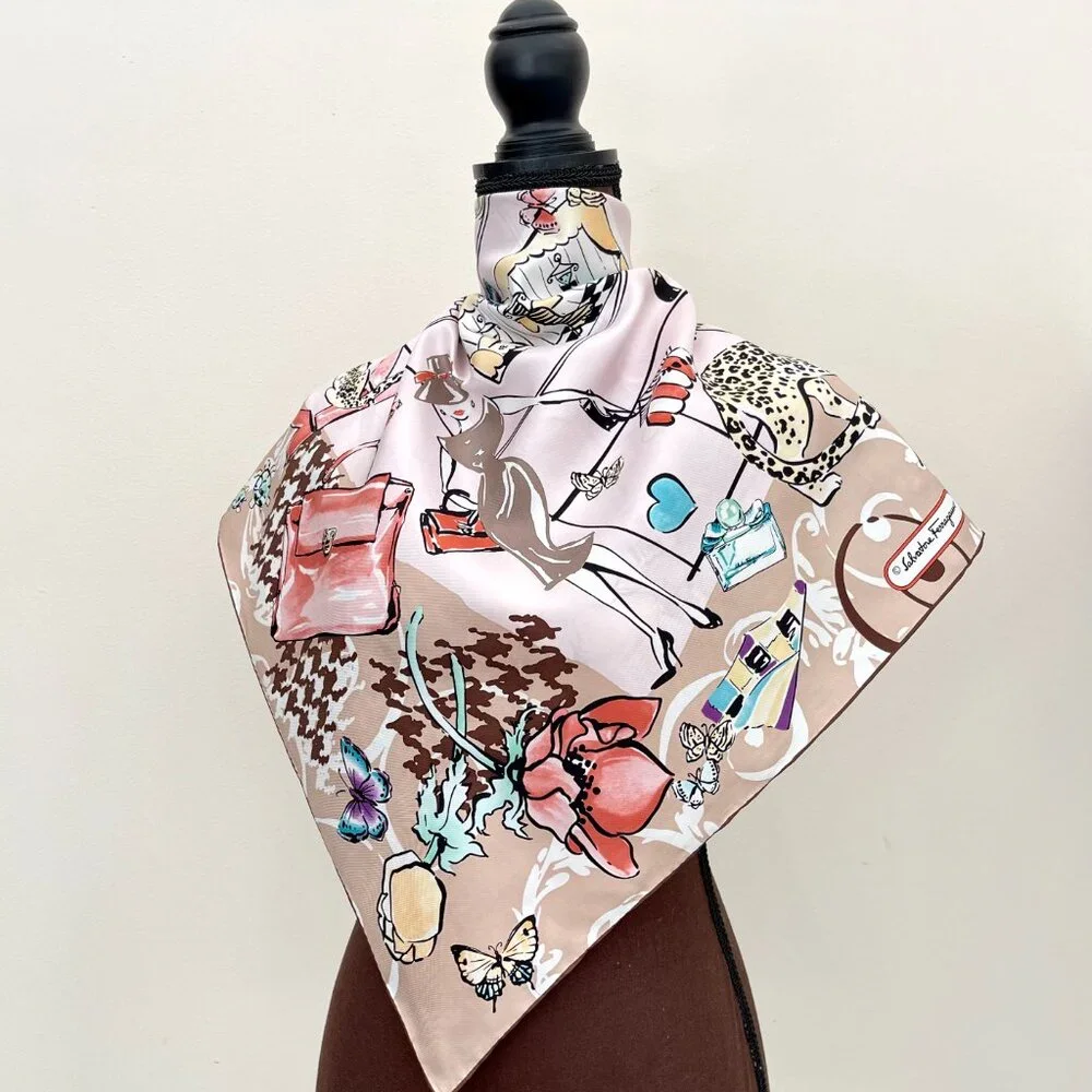 NWT Salvatore Ferragamo Icons Beauty Beige Silk Scarf